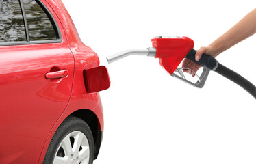 Gas station worker with fuel nozzle near car on white background, closeup