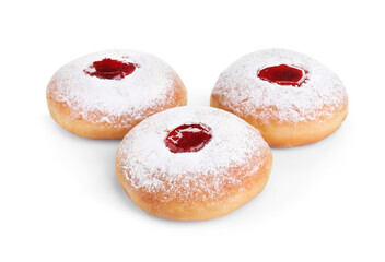 Hanukkah doughnuts with jelly and sugar powder on white background