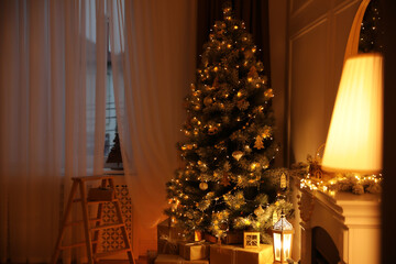 Beautiful room interior with Christmas tree and gifts