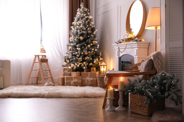 Beautiful room interior with Christmas tree and fireplace