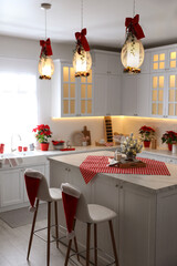 Stylish kitchen interior with beautiful Christmas decor