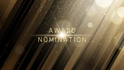 Award nomination ceremony luxury background with golden glitter sparkles, lines and bokeh. Vector presentation shiny poster. Film or music festival poster design template.