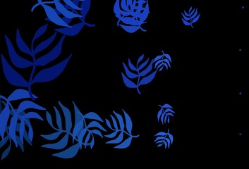 Dark BLUE vector doodle background with leaves.