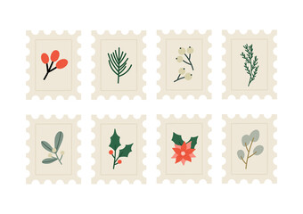 Vector illustration of Christmas postage stamp with winter plants:  holly berry, mistletoe, poinsettias, pine, cedar. Winter holiday concept. The hand-drawn stamp set isolated on white background.