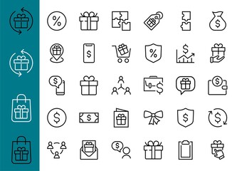 Set of business vector line icons. It contains user symbols, dollar pictograms, gears, briefcase, puzzles, envelope, percentage, messages, schedule, and more. Editable Bar 480x480 pixels.