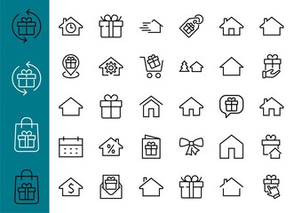 Simple set of line vector home icons. Contains house symbols at interest, infuse house and more. Editable stroke. 480x480 pixels perfect