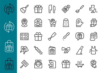KITCHEN ICON Cooking process, Kitchen tools, Icon set, thin line vector has a blender, oven, knife, grater, barbecue, apron, barbecue, grill, coffee machine, kitchen glove, Editable stroke