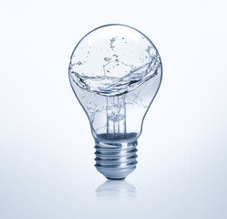 Light bulb with water splashes on light background. Alternative energy source