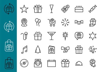 Simple set of celebration icons related to vector line. Contains icons such as music, new year, stars, balls, cake, karaoke, dj and much more. Editable stroke. 480x480