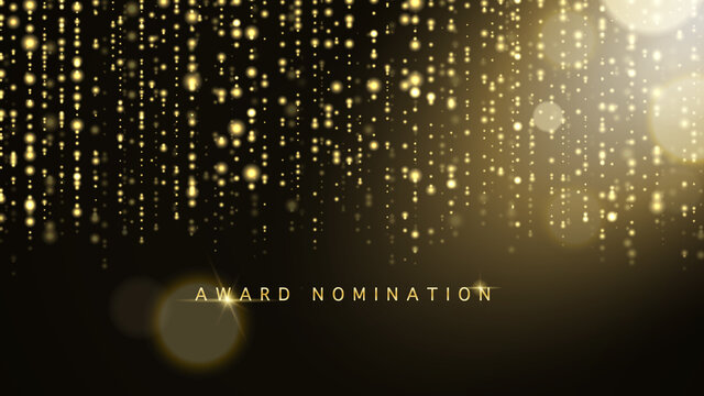 Award nomination ceremony luxury background with golden glitter sparkles and bokeh. Vector presentation shiny poster. Film or music festival poster design template.