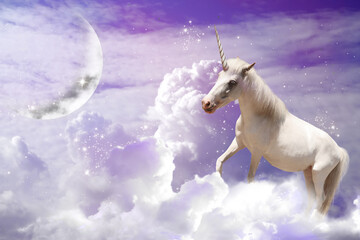 Fototapety  Magic unicorn in fantastic sky with fluffy clouds and crescent