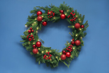 Beautiful Christmas wreath with festive decor on blue background, top view
