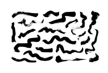 Black paint wavy brush strokes vector collection. Dirty curved lines and wavy brushstrokes. Ink illustration isolated on white background. Modern grunge brush lines. Calligraphy smears, stamps.