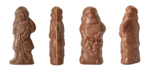 Chocolate Santa Claus figures on white background, views from different sides. Banner design