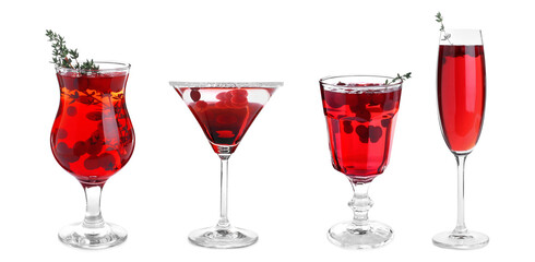 Set of tasty cocktails with liqueur isolated on white. Banner design
