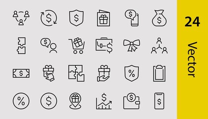 Set of business vector line icons. It contains user symbols, dollar pictograms, gears, briefcase, puzzles, envelope, percentage, messages, schedule, and more. Editable Bar 480x480 pixels.