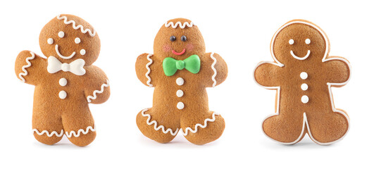 Set of gingerbread men isolated on white, banner design