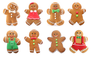 Set of gingerbread men and women isolated on white