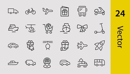 Set of public transport related vector line icons. Contains icons such as bus, bike, suitcase, car, scooter, truck, transport, trolley bus, sailboat, motor boat, plane and much more. Editable stroke