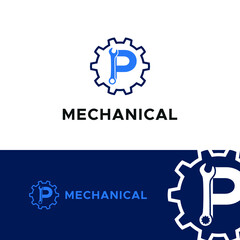 Initial logo with Letter P Wrench and Gear Icon vector for mechanic, setting, repair, and service company