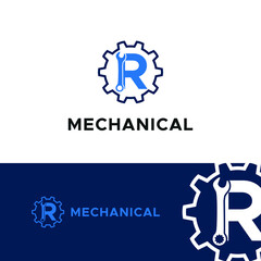 Obraz premium Initial logo with Letter R Wrench and Gear Icon vector for mechanic, setting, repair, and service company