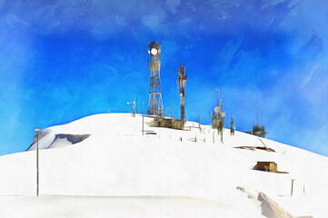 Beautiful winter mountain landscape with meteo station