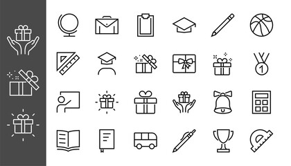 A simple set of school items. Contains icons such as student, award, geography, physical education, geometry and more. On white background. Editable stroke. 480x480