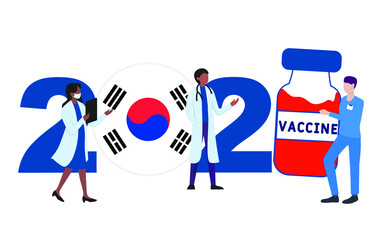 2021 year. Covid-19 vaccine with South Korea flag and doctors on white background. South Korea card on the theme of fighting the COVID-19 epidemic with the hope of receiving a vaccine by 2021