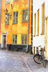 Vintage street at old town colorful painting looks like picture.