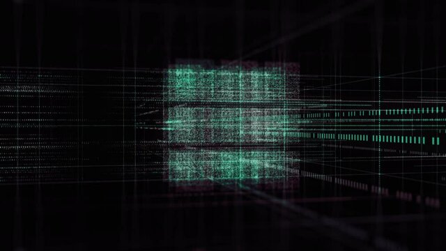 3D spinning cube in the computing core with interchanging Information streams. Animation. Volumetric pattern with a green cube made of millions of tiny particles shimmering on black background