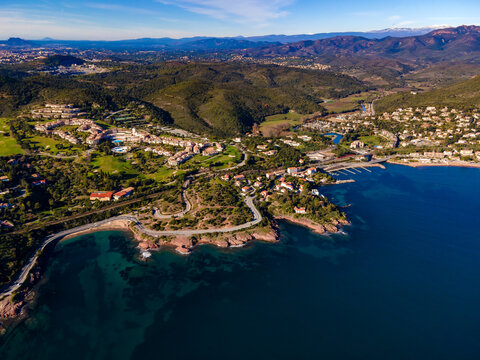 Agay scenic and panoramic Aerial view at the coastline and beaches at sunset in the French Riviera, C&ocirc;te d'Azur, France