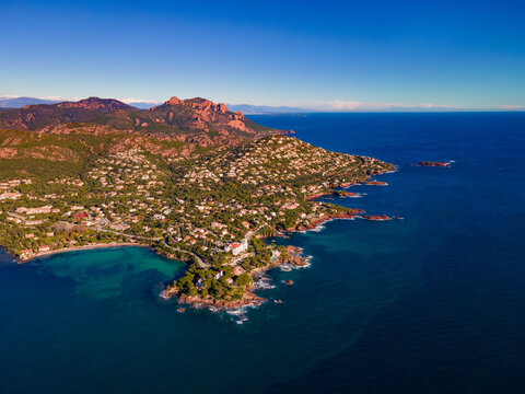 Agay Bay la Baumette and Anth&eacute;or with the Massif de l'Esterel scenic and panoramic Aerial view at sunset in the French Riviera, C&ocirc;te d'Azur, France