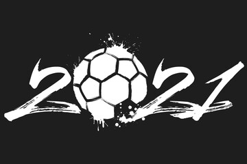 Obraz premium Abstract numbers 2021 and handball ball made of blots in grunge style. 2021 New Year on an isolated background. Design pattern. Vector illustration