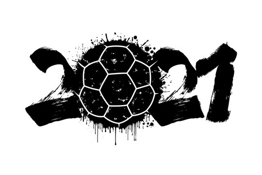 Abstract numbers 2021 and handball ball made of blots in grunge style. 2021 New Year on an isolated background. Design pattern. Vector illustration