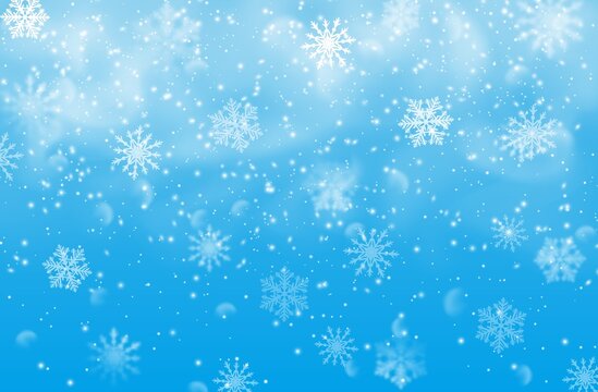 Snow and snowflakes on blue background, vector Christmas or Xmas holidays. Winter snowfall effect of falling white snow flakes and shining cold ice, New Year snowstorm or blizzard realistic backdrop