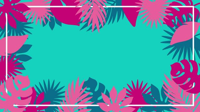 Pink and blue tropical plant leaves appearing and waving on solid cyan background. 4k botanical frame template with copy space.