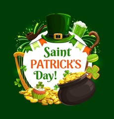 Saint Patricks day round frame of holiday symbols. Vector leprechauns hat, beer and garland, wooden stick and cookies. Pot of gold treasures and cupcake, golden harp, shamrock clover and fireworks