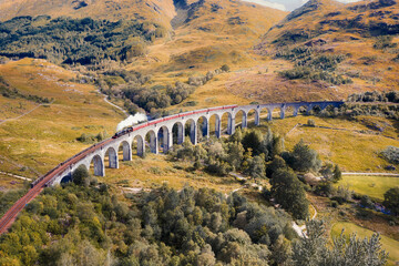 Steam Train on Glenfinnan Viaduct in Scotland in August 2020