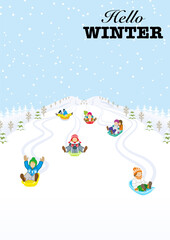 Children sledding in the winter snowcoverd mountain - included greeting words "Hello WINTER"