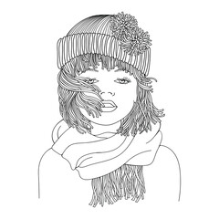 Doodle Portrait Young Lady with knitted hat and scarf Short Hair. Women's cold weather clothing. Coloring book page for adult and children. Vector Illustration on Transparent Background.