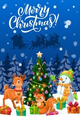 Fototapeta premium Merry Christmas vector greeting card with Santa Xmas sleigh, snowman and animals. Christmas tree, gifts and reindeer, present boxes, snow and stars, sock, candies and balls, lights and squirrel