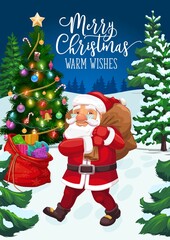 Santa with Christmas gift bag and Xmas tree vector greeting card. Claus delivering winter holiday present boxes, pine with Xmas bell, stars and balls, snow, candy canes and stocking, lights and tinsel