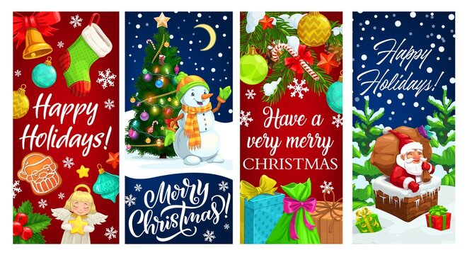 Santa in chimney and snowman with Christmas gifts and Xmas tree greeting banners. Vector present boxes, bell and Claus bag, candy cane, stars and snow, sock, gingerbread and snowflakes, balls, angel