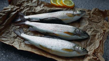 Freshly caught grayling with lemon slices is on parchment paper on the table. Freshwater fish....
