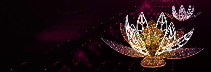 Modern Christmas banner with an illuminated water lily,  ray background and space for text