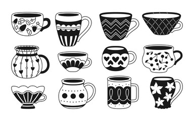 Cup monochrome with tea or coffee cartoon style set. Black flat modern bowl collection. Decorated different ornament. Black white line trendy crockery, handle drink. Isolated vector illustration