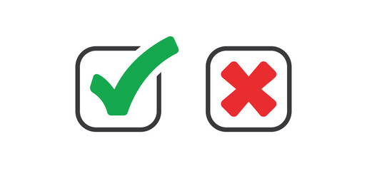 Check mark icons. Green tick and red x. Approval and decline symbols.
