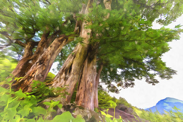 Beautiful greeen trees colorful painting looks like picture.