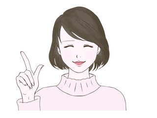 冬服の女性_正面_笑顔_指さし