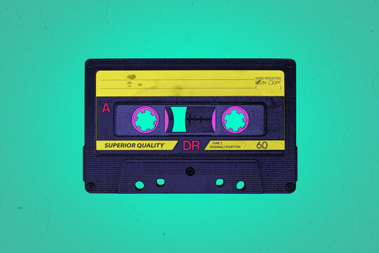 A retro 1990's or 1980's themed vibrant neon synthwave style audio cassette illustration background with copy space